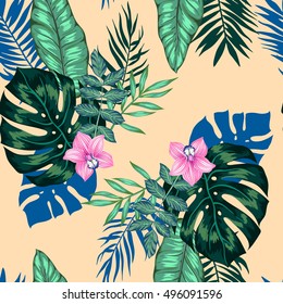vector seamless bright artistic tropical pattern with palm leaves, philodendron leaf, monstera, orchid flower. modern colorful tropics background allover print