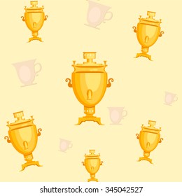 Vector seamless bright background with a Russian samovar and a Cup of tea
