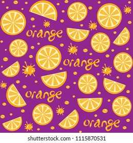Vector seamless bright background of simple circles and slices of oranges, blots, drops and splashes
orange juice and inscriptions. Variants of use on wallpaper, clothing, paper, textiles and other