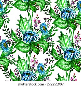 Vector seamless bright chamomile blossom pattern, floral spring branch ornament, fashion print for fabric, small watercolor pencil drawing flowers