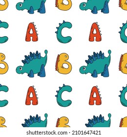 Patrón de niños brillantes sin fisuras vectoriales con pequeños dinosaurios de dibujos animados y letras a, b, c. Bonita ilustración para papel pintado, tela, textil, papel envolvente.