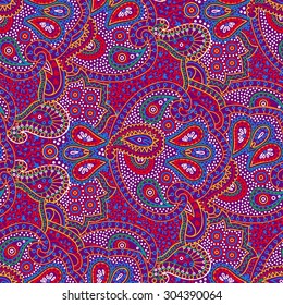 Vector seamless bright color boho paisley texture for cards, fabric and design