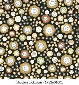 Vector seamless bright colorful gentle hand drawn little ditsy, daisy flower pattern, summer garden, wildflowers print on dark beige background. Floral texture