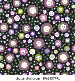Vector seamless bright colorful gentle hand drawn little ditsy, daisy flower pattern, summer garden, wildflowers print on dark background. Floral texture