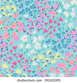 Vector Seamless Bright Colorful Gentle Hand Drawn Little Ditsy Flower Pattern, Summer Garden, Wildflowers, Vibrant Floral Allover Print On Light Blue Background
