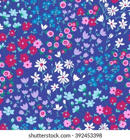 vector seamless bright colorful gentle hand drawn little ditsy flower pattern, summer garden, wildflowers, vibrant floral allover print on violet background