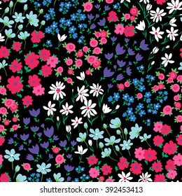 vector seamless bright colorful gentle hand drawn little ditsy flower pattern, summer garden, wildflowers, vibrant floral allover print on black background