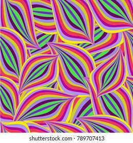 Vector seamless bright colorful pattern with purple, pink, yellow, green waves. Bright pattern with petal ornament. Vector illustration, banner, poster, template.
