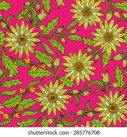 Vector seamless bright ethnic endless pattern, floral pink & yellow ornament, fashion fabric pattern
