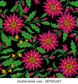 Vector seamless bright ethnic endless pattern, floral pink & black ornament, fashion fabric pattern