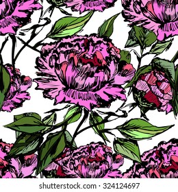 Vector seamless bright ethnic endless peonies pattern, floral ornament, fashion pattern for fabric