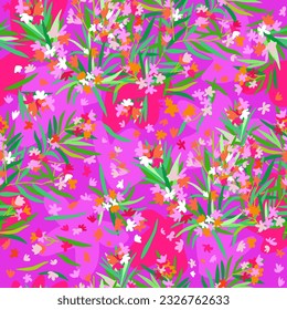 Vector seamless bright floral pattern with oleander on pink background.