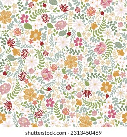 vector seamless bright  flower pattern, gentle spring summer mood hand drawn floral background print