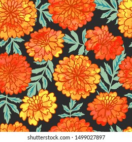 Vector seamless with bright hand drawn marigolds with watercolor texture. Perfect for textile for Mexican traditional holiday Day of the dead or for Indian holiday Diwali