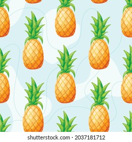 Vector seamless bright pattern with cartoon fresh pineapples with tops.