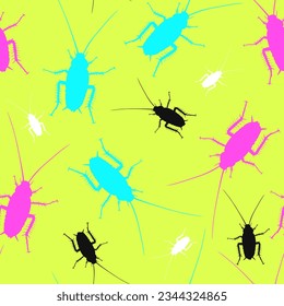 Vector seamless bright pattern with cockroaches on bright green background. Pest insects. Bugs top view.