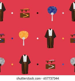 Vector seamless bright pattern with japanese fashion flat objects. Man kimono, wooden traditional geta, round fan utiva on red background. Accessories used for japanese street fashion, cosplay.