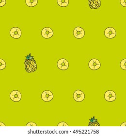 Vector seamless bright pattern, with juicy pineapple. Drawn by hand. EPS 10.