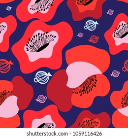 Vector seamless bright pattern of red poppies on blue