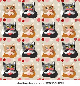 Vector seamless bright pattern with red and black cats and colorful hearts. Light beige background.