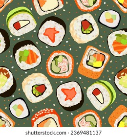 Vector seamless bright pattern with sushi rolls. Japanese cuisine.