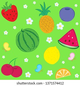 Vector seamless bright summer pattern with simple fruits: strawberry, blueberry, watermelon, cherry, orange slice, lemon, pineapple, butterflies, flowers. For wallpaper, textiles, cards, dishes.