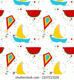 Vector seamless bright summer pattern with cartoon illustrations: boat with sail, watermelon and kite in yellow, red and blue colors. Nice illustration for children’s pattern, print, fabric.