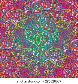 Vector seamless bright vibrant colors boho paisley texture for cards, fabric and design