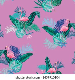 vector seamless bright vibrant lush tropical pattern with flamingos. Exotic birds in tropic leaves, monstera leaf, banana leaves, areca palm leaves with flowers.