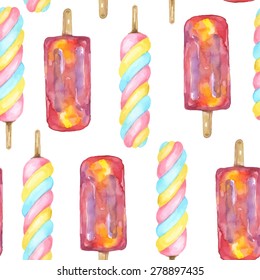 Vector seamless bright watercolor pattern with lollipop and fruit ice cream