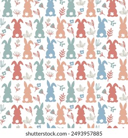 Vector seamless brown blue pattern of pastel Easter bunny head silhouette  on white background, Happy Easter greeting card seamless pattern with decorated painted Easter bunnies. 