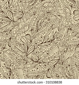 Vector seamless brown doodles pattern, floral ethnic ornament, fashion pattern for fabric