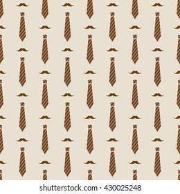 Vector seamless brown pattern with mustaches and neckties. Male hipster background. Fashion pattern for fabric print, wrapping paper