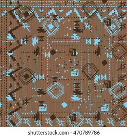 Vector seamless brown print with blue stripes and lines, abstract shapes and dots. Ethnic pattern with native and tribal motifs. Woven vintage textile design in aztec style with hand painted chevrons