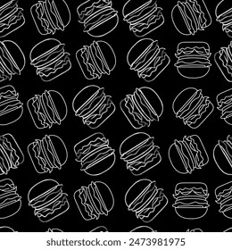 Vector seamless burger pattern. Pattern on a black background, white burgers in one line. Linear drawing for banner, business card, cafe menu