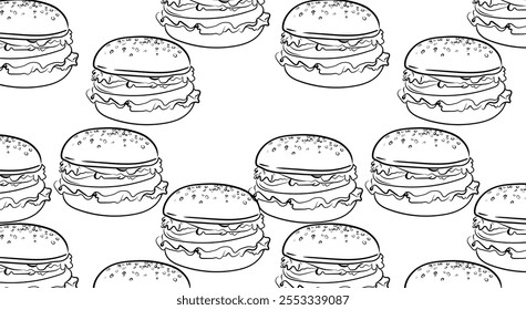 Vector seamless burger pattern. Pattern on a black background, white burgers in one line. Linear drawing for banner, business card, cafe menu