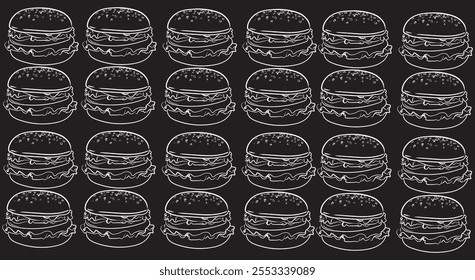 Vector seamless burger pattern. Pattern on a black background, white burgers in one line. Linear drawing for banner, business card, cafe menu