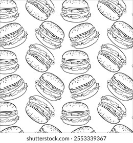 Vector seamless burger pattern. Pattern on a black background, white burgers in one line. Linear drawing for banner, business card, cafe menu