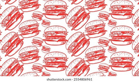 Vector seamless burger pattern. Pattern on a black background, white burgers in one line. Linear drawing for banner, business card, cafe menu