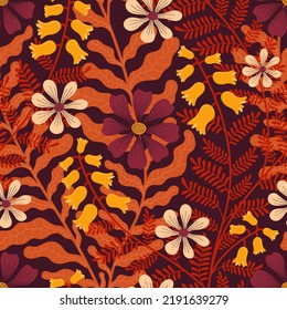 VECTOR SEAMLESS BURGUNDY BACKGROUND WITH WEAVING FLOWERS