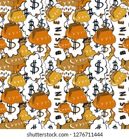 Vector. Seamless business pattern. Business pattern on yellow, white and orange background. Dollars. Bitcoin.