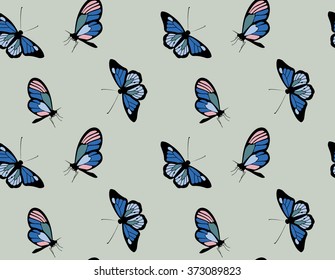 Vector seamless butterfly pattern on light green background