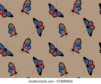 Vector seamless butterfly pattern on beige background