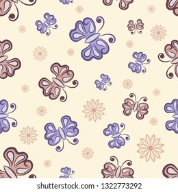 Vector Seamless Butterfly Randomly Pattern Texture. Light Background.