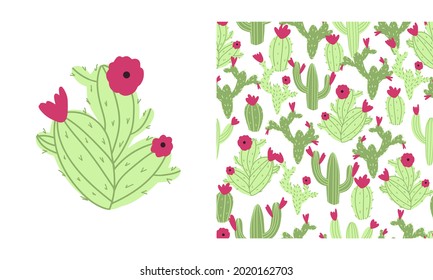 Vector seamless cactus pattern on white background. Cute childish illustration in cartoon hand drawn style with colorful cacti and flowers