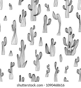 Vector seamless cactus pattern from saguaro cactus. Sketch cactus background. Coloring page book anti stress
