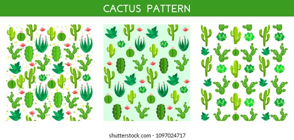 Vector seamless cactus pattern with  succulents, flowers. Trendy tropical design for textile. Vector cartoon cactus set in a flat style.