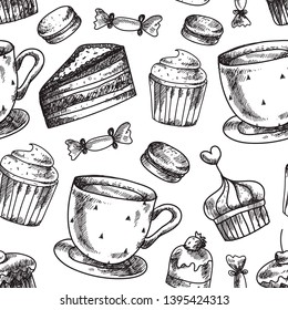 Vector seamless cake pattern. Bakery, Cakes, dessert, pastries background. Doodle Vintage food icons, sweet elements for menu, cafe, shop. Flat hand drawn vintage set.