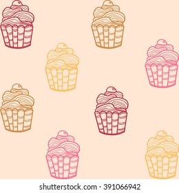 Vector seamless cake pattern. Hand drawn outline cupcake illustration