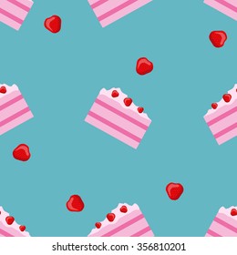 Vector seamless cake and strawberry pattern. Design for cards, menu, textile, fabric. Sweets with vanilla, strawberry and cream